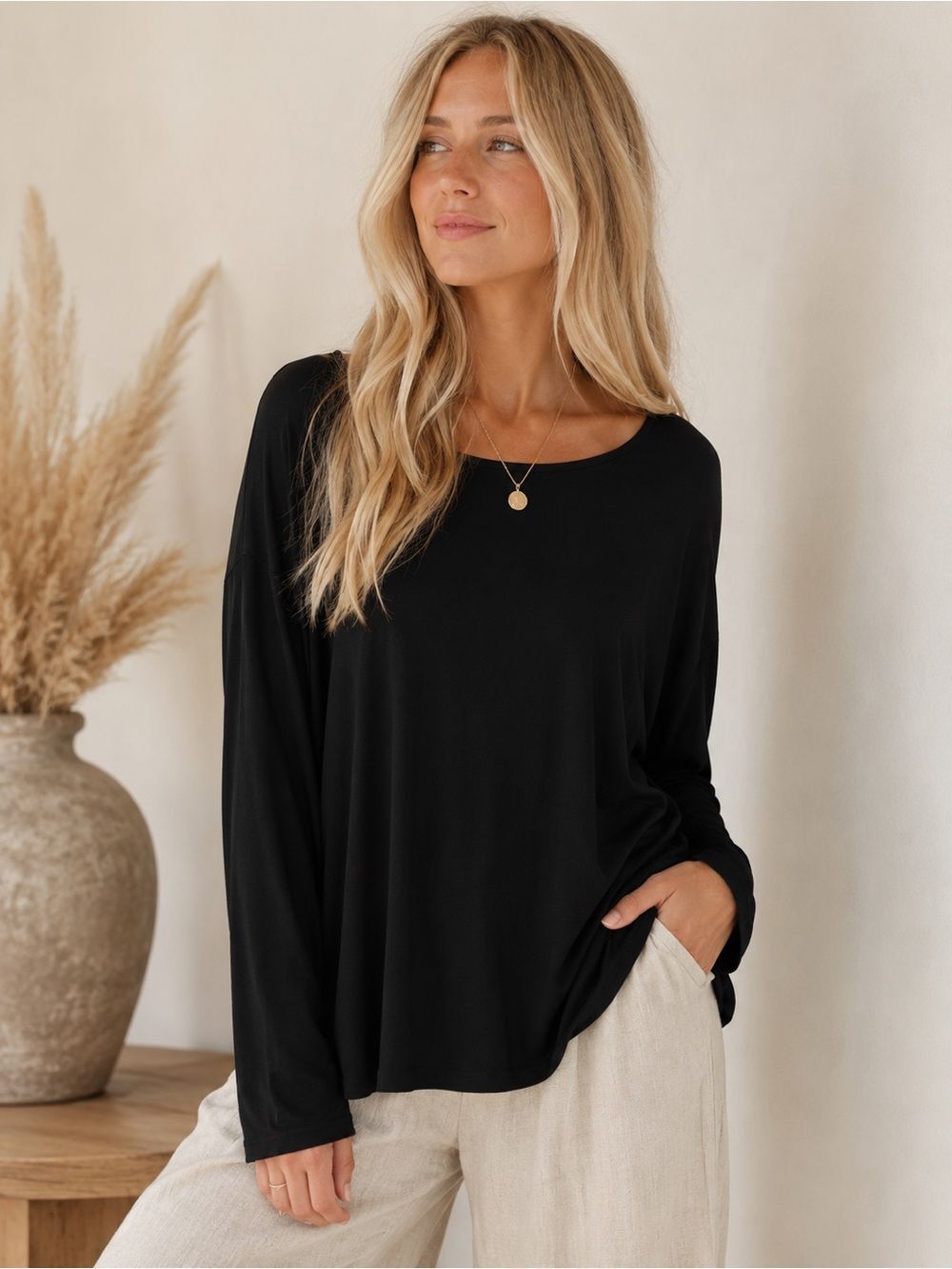 Joan Vass Black Long-Sleeve Scoop Neck Top